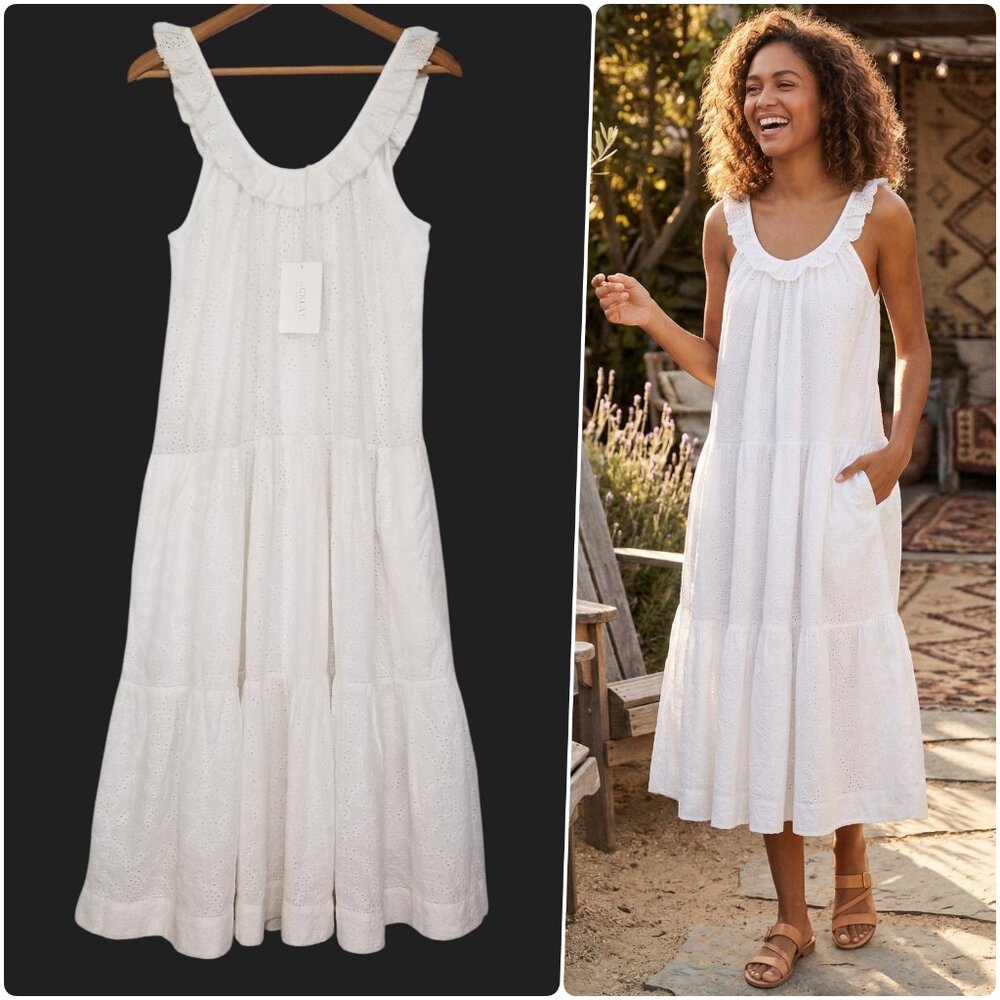 NWT THE GREAT Magnolia White Cotton Eyelet Ruffle Midi Dress Size 2 (US 8-10/ M)